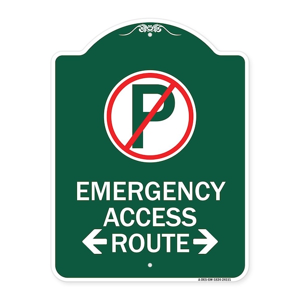 Emergency Access Route W/ Bidirectional Arrow, Green & White Aluminum Sign, 18" x 24", GW-1824-24111